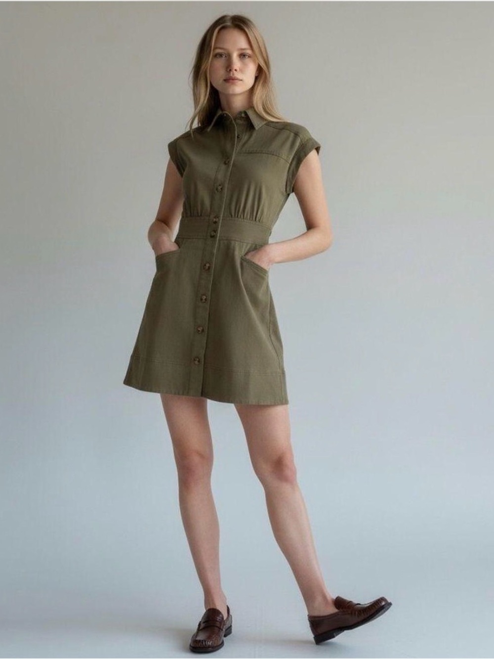 Spanx Tuscan Olive Button-Front Utility Denim Shirt Dress Size Large